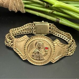 Vintage Saint Barbara Medallion Gold Triple Cuban Link Chain Religious Bracelet